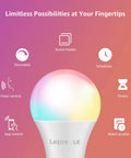 Smart LED Color Changing Bulbs With Alexa And Google Assistant; illustration showing features like dimmable and voice control.