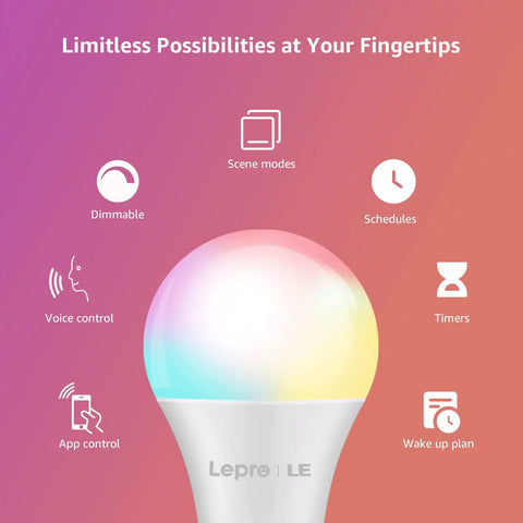 Smart LED Color Changing Bulbs With Alexa And Google Assistant; illustration showing features like dimmable and voice control.