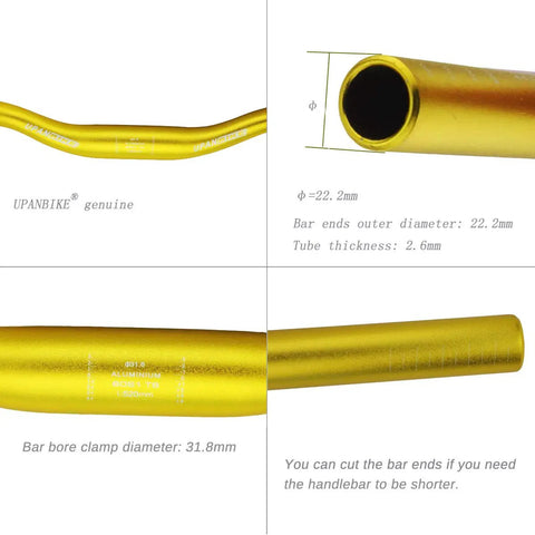 Gold Mountain Bike Riser Bar 31.8mm Clamp 440mm Length For Kids, close-up of gold alloy tubing and dimensions.
