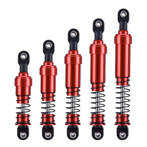 Red metal RC Crawler Shocks 75mm-115mm Bore for 1/10 Scale Builds, dual springs, oil-free, different sizes, front view.