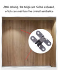 Hidden Door Hinge Set 6 Pieces, Invisible Cross Hinge 180 Degree Folding, installed in a wooden cabinet for concealed look.