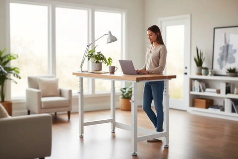 Rock Solid Height Adjustable Workbench With Premium Hardwood Surface And Hella Heavy Duty Steel Base Tough Garage Workstation For Daily Shop Jobs And Comfortable Ergonomic Workflow 48 X 24 Inch Table in home office setting with woman typing.
