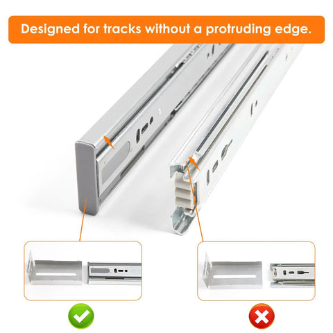 Heavy Duty Soft Close Drawer Slides And Replacement Socks That Glide Like Butter With Zero Jamming Issues Featuring A Rock Solid Rear Bracket For Full Extension Cabinet Drawers Rated At Two Hundred Pounds, showing rails designed for tracks without a protruding edge.