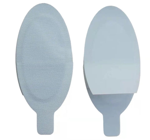 Rock Solid Disposable Laser Eye Shields For IPL Led Facial Treatments Easy Application Medical Pads With OD7 Barriers, side view of two blue eye shields.