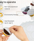 Reusable Aluminum Foil Lids For Nespresso VertuoLine Pods, 100 Pack shown with hands peeling lid from a coffee capsule.