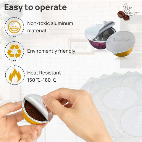 Reusable Aluminum Foil Lids For Nespresso VertuoLine Pods, 100 Pack shown with hands peeling lid from a coffee capsule.
