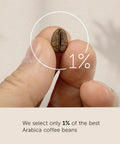 Hand holding Arabica coffee bean with 1% text, emphasizing premium selection for Espresso Pods For Nespresso Machines Intenso Lungo Dark Roast.