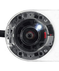 Bottom view of Corded Router With 4.5 Amp Motor And 31,000 RPM, showcasing spindle lock and quick release clips, woodworking tool.