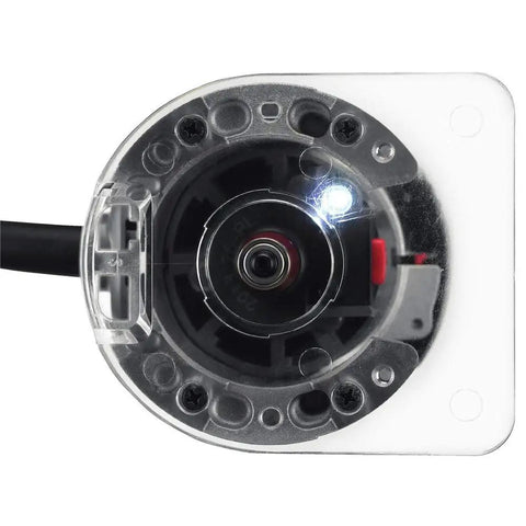 Bottom view of Corded Router With 4.5 Amp Motor And 31,000 RPM, showcasing spindle lock and quick release clips, woodworking tool.