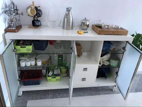 White kitchen cabinet with open doors using 2 Pack 90 Degree Corner Cabinet Door Hinges With Soft Close Hydraulic Damping Full Coverage Concealed Design Adjustable Mounting For Quiet Kitchen Cabinets By KAFENDA, revealing organized interior shelves.
