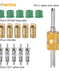 R410A Mini Split System Charging Vacuum Port Adapter with five sixteenth to quarter inch SAE flare valve cores, hose gaskets.