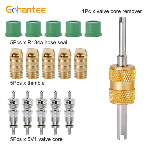 R410A Mini Split System Charging Vacuum Port Adapter with five sixteenth to quarter inch SAE flare valve cores, hose gaskets.
