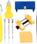 9 Piece Watch Battery Replacement Tool Kit with back case opener, adjustable case opener, watch link removal tool, and tweezers