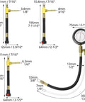 QWORK universal fuel pressure test kit with brass T-adapter and black hose, front view.
QWORK universal fuel pressure test kit side view showing brass connector and red-adjust knob on black hose.
QWORK dual-scale fuel pressure gauge assembly with brass fittings 0-7 bar/0-100 psi.
QWORK hose adapters close-up showing 7mm/1/4 and 10mm/3/8 sizes with white tubing.