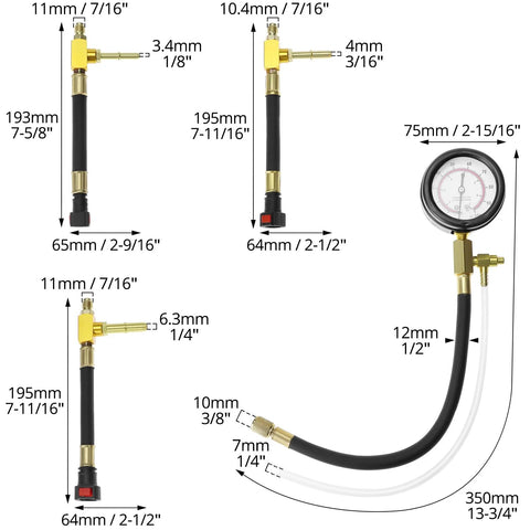 QWORK universal fuel pressure test kit with brass T-adapter and black hose, front view.
QWORK universal fuel pressure test kit side view showing brass connector and red-adjust knob on black hose.
QWORK dual-scale fuel pressure gauge assembly with brass fittings 0-7 bar/0-100 psi.
QWORK hose adapters close-up showing 7mm/1/4 and 10mm/3/8 sizes with white tubing.