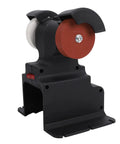 Cordless Mini Bench Grinder With Dual Grinding Discs And Kickass Copper Motor For Heavy Metalworking and Smooth Sharpening Zero Plug Hassle Portable Power Tool side view with coarse red disc.