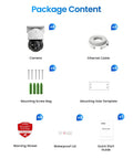 Top Shelf 4K PoE Security Camera Quad Pack package contents including cameras, cables, screws, and guides.