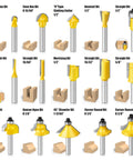 15 Piece Router Bit Set With One Quarter Inch Shank C3 Carbide Woodworking Kit shown with individual bit details and cut profiles.