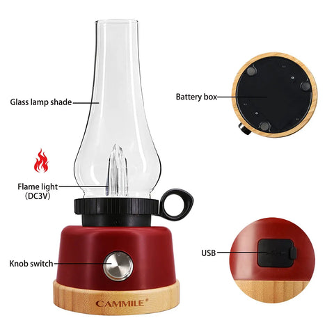 Rechargeable Bedside Lamp Portable Lantern With 3 Light Modes 5000mAh Battery Dimmable Night Light For Bedroom Living Room Office And Outdoor Camping Red showing glass shade and USB port.