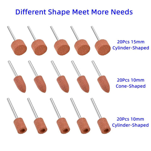 Sixty Piece Aluminum Oxide Mounted Grinding Stones Set with One Eighth Inch Shank, 10mm cone, 10mm, 15mm cylinder shapes