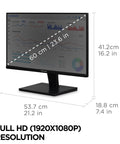 24 Inch Full HD 1080p Monitor With 100Hz Refresh Rate For Smooth Gaming And Office Productivity Eye Care With Flicker Free Blue Light Filter Narrow Bezel HDMI And VGA Inputs Ideal For Home Office Or Workspace, front view showing dimensions and display.
