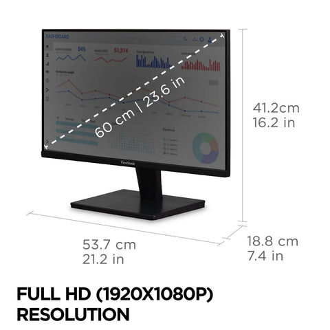 24 Inch Full HD 1080p Monitor With 100Hz Refresh Rate For Smooth Gaming And Office Productivity Eye Care With Flicker Free Blue Light Filter Narrow Bezel HDMI And VGA Inputs Ideal For Home Office Or Workspace, front view showing dimensions and display.