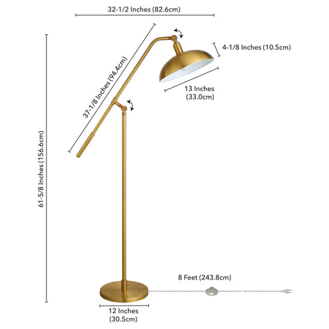 Dimensions of Brass Finish Boom Arm Floor Lamp With Metal Shade 62 Inch Tall Adjustable Reading And Task Light For Living Room Or Home Office Sleek Modern Look Perfect For Sofas Desks And Corners.