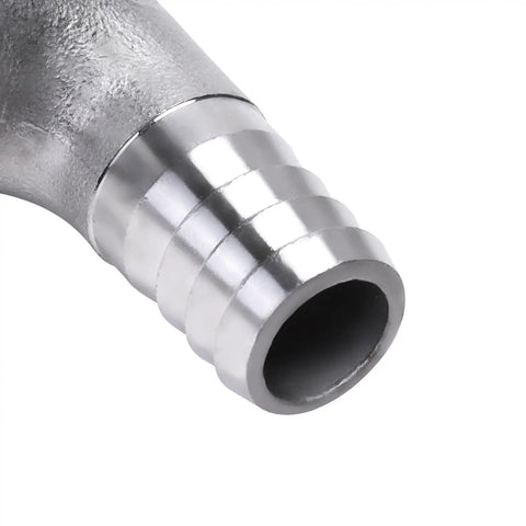 Close-up of stainless steel 5/8 inch hose barb to 1/2 inch female NPT 90-degree elbow pipe fitting for home brew
