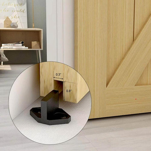 Two Pack Black Barn Door Roller Hangers No Track J Shape Ultra Quiet Nylon Wheel Smooth Glide Heavy Duty 330 Lbs Per Door Rust Proof Frosted Finish For Sliding Barn Doors installation close-up.