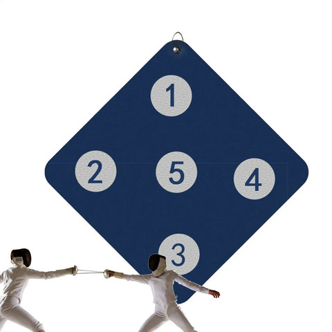 Wall Mounted Archery Style Fencing Target For Saber Foil And Epee Training With Five Bullseye Zones in blue with fencers