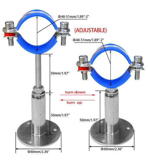 Two POTONZ adjustable stainless steel 304 pipe clamps with blue rings for 48–51 mm pipes, 2 pcs