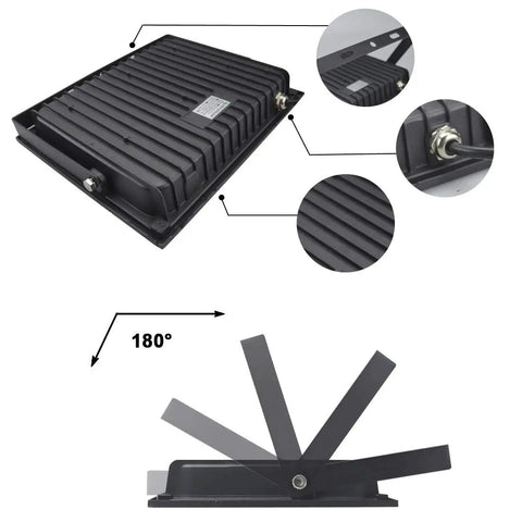 Bottom view of 100W Outdoor Black Light for Glow Parties Halloween with Plug IP66 Waterproof showing 180-degree adjustable bracket