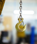 Three Eighths Inch Clevis Slip Hook With Latch Forged G70 Steel Chain Hook for heavy-duty towing on decks, trailers.