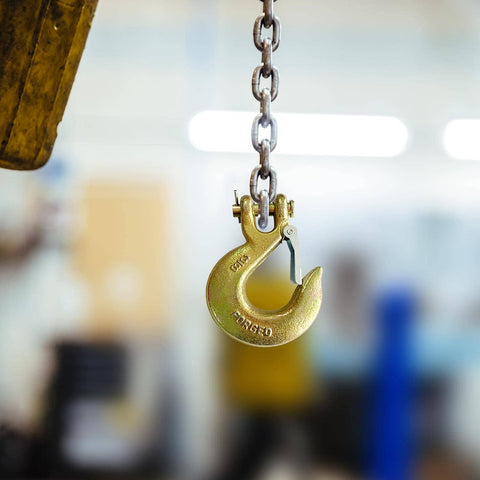 Three Eighths Inch Clevis Slip Hook With Latch Forged G70 Steel Chain Hook for heavy-duty towing on decks, trailers.