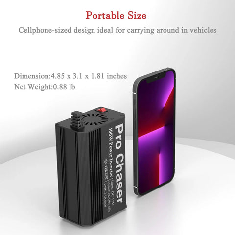 Rock Solid 400W Car Power Inverter 12V To 110V AC Converter shown next to a cellphone for size comparison, compact design.