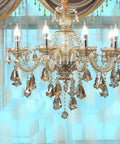 Modern K9 Crystal Chandelier In Cognac Finish, Six Lights, E12 Base Candle Crystal Pendant Lighting Fixture in elegant setting