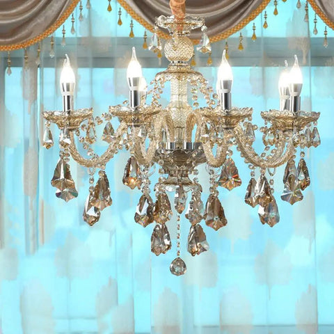 Modern K9 Crystal Chandelier In Cognac Finish, Six Lights, E12 Base Candle Crystal Pendant Lighting Fixture in elegant setting