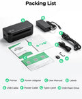 Bluetooth Thermal Label Printer For 4x6 Shipping Labels With Dual USB And Bluetooth Connectivity shown with accessories and manuals