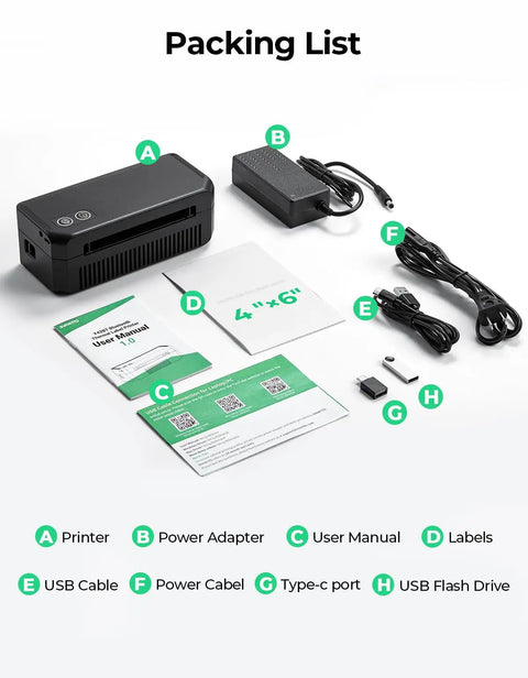 Bluetooth Thermal Label Printer For 4x6 Shipping Labels With Dual USB And Bluetooth Connectivity shown with accessories and manuals