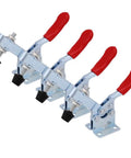 Heavy Duty 4 Pcs Toggle Clamp Set With Quick Release Lever And Super Secure Holding Power For Woodworking Welding Assembly and visibility of red rubber grips and zinc plating.