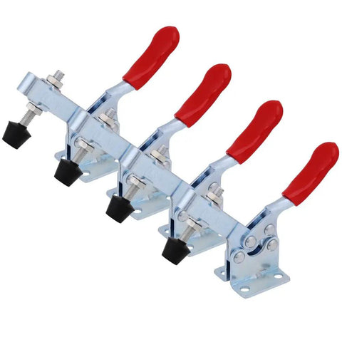 Heavy Duty 4 Pcs Toggle Clamp Set With Quick Release Lever And Super Secure Holding Power For Woodworking Welding Assembly and visibility of red rubber grips and zinc plating.