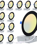12 Pack 6 Inch Dimmable LED Recessed Lights Ultra Thin Canless Black with Junction Box 110V 1150LM 3000K 4000K 5000K Tri Color Selectable ETL Energy Star Easy Install