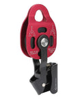Aluminum heavy-duty single swivel rope pulley block for 8 to 12mm climbing rope, red, shown in profile view