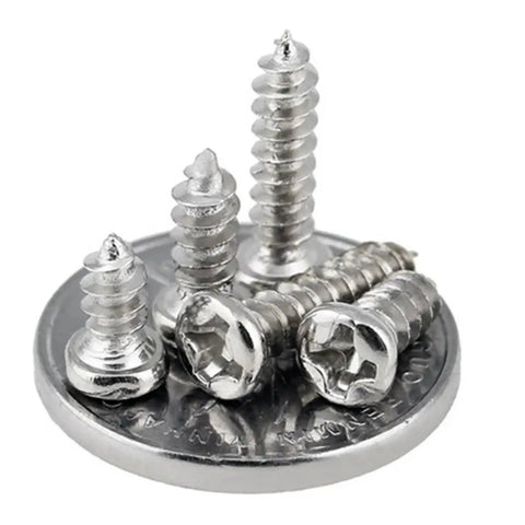 Rock Solid Mini Micro Watch Screws Kit Nickel Plated Cross Pan Head Tapping Hardware Set on a coin, showcasing sizes for precision repairs.