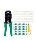 Professional Grade Cat5 Network Cabling Repair Tools And Battery Tester Kit cables and crimping tool set in blue box for installation.