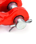 Close-up of Heavy Duty 3/8 Inch Twin Clevis Safety Chain Repair Links 4 Pack Trailer Tie Down Hardware with red finish.