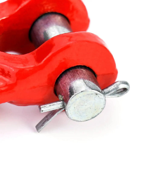Close-up of Heavy Duty 3/8 Inch Twin Clevis Safety Chain Repair Links 4 Pack Trailer Tie Down Hardware with red finish.