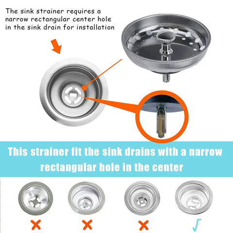 Universal Three In One Kitchen Sink Stopper Strainer Set With Stainless Steel Basket Drain Filter Perforated Sieve For Three And A Half Inch Drains Anti Clogging Easy Fit Keeps Water In Traps Scraps