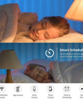 Woman sleeping with smart light scheduling shown beside lamp, Three Gang In Wall Smart Light Switch Kit With 2.4Ghz WiFi, Touch LED Backlit Panel