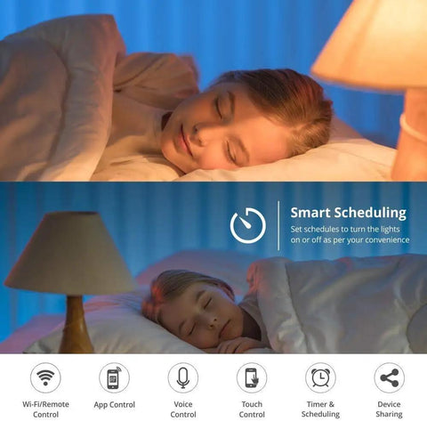 Woman sleeping with smart light scheduling shown beside lamp, Three Gang In Wall Smart Light Switch Kit With 2.4Ghz WiFi, Touch LED Backlit Panel